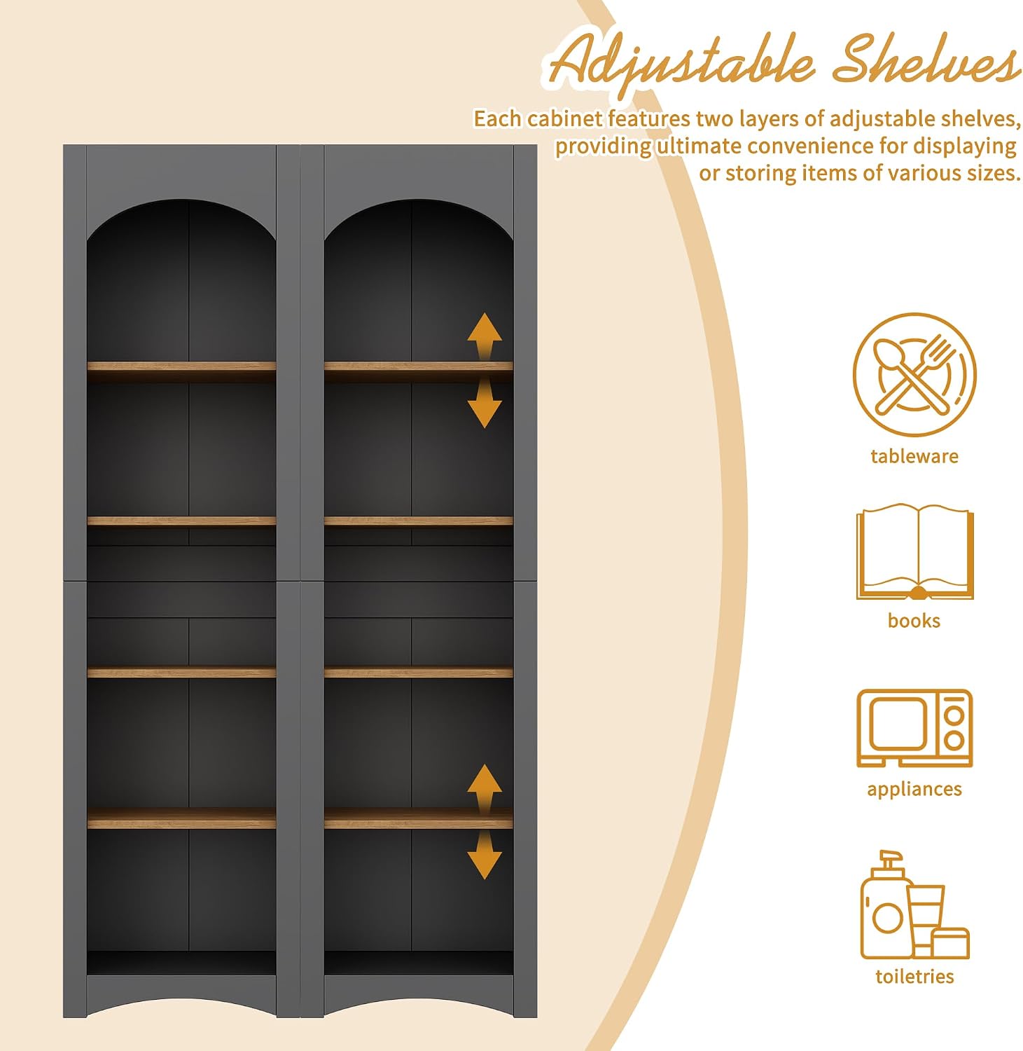Freestanding Corner Kitchen Pantry with 4 Shelves, Traditional, Rectangular Storage Cabinet, for Living Room, Dining Room, Gray