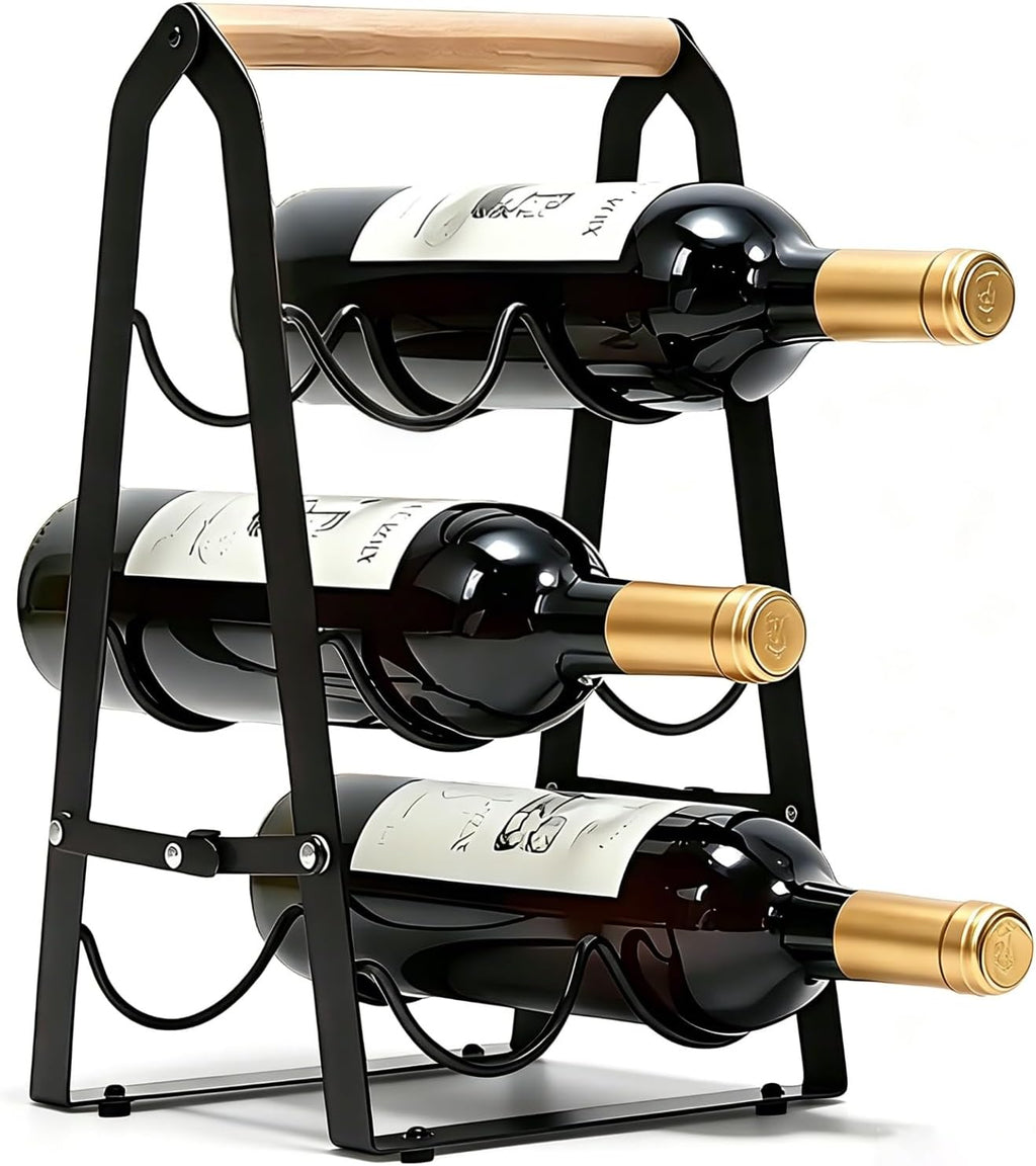6‑Bottle Foldable Stackable Metal Wine Rack with Wooden Handle, 3‑Tier No Assembly Countertop Wine Holder for Kitchen Bar Cabinet Pantry, Black