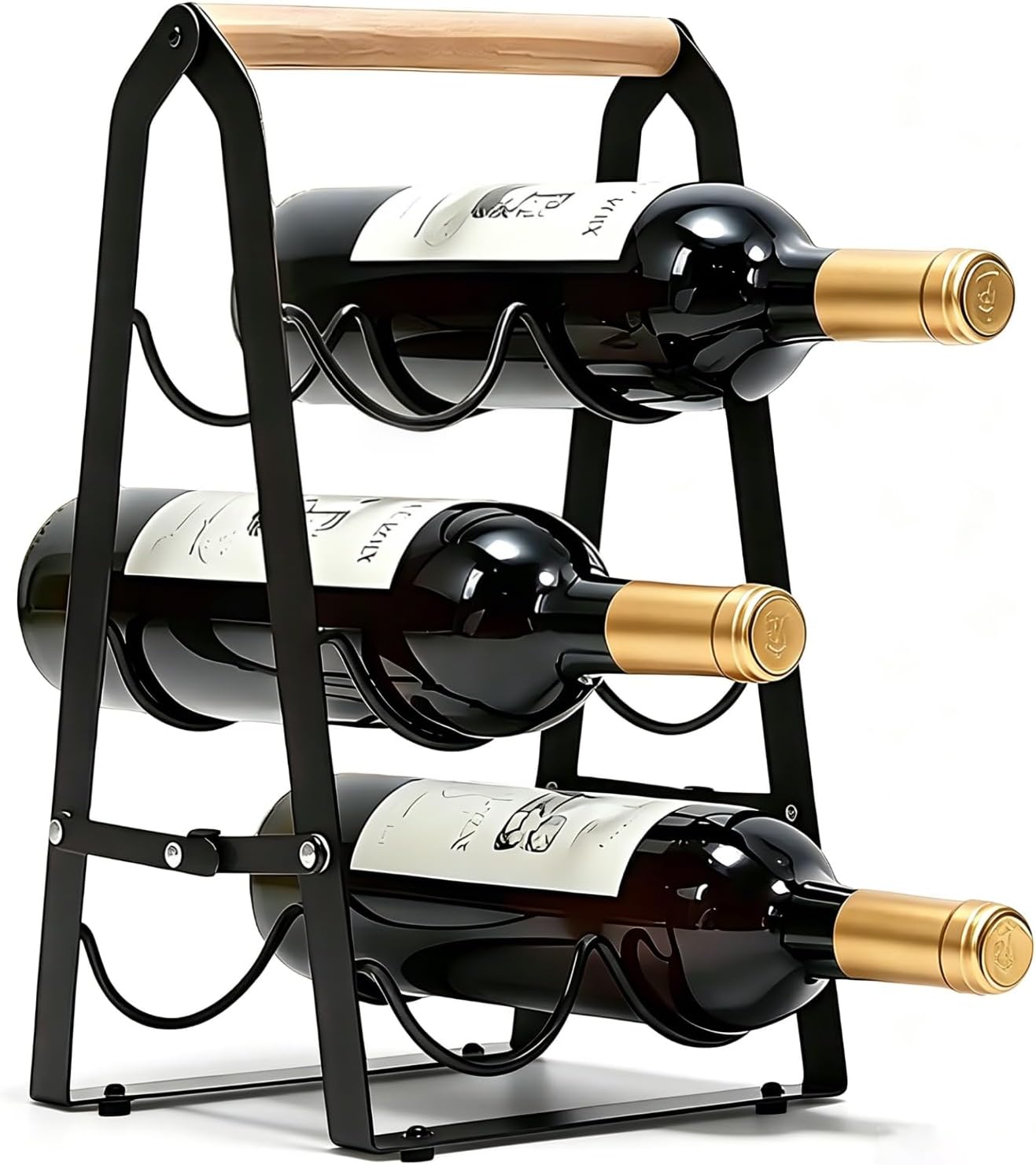 6‑Bottle Foldable Stackable Metal Wine Rack with Wooden Handle, 3‑Tier No Assembly Countertop Wine Holder for Kitchen Bar Cabinet Pantry, Black