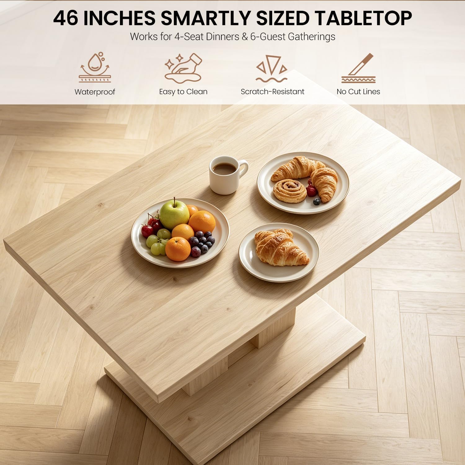 Modern 5-Piece Dining Table Set for 4, 46" Pedestal Dining Room Table with 4 Leather Chairs, Small Space Saving Kitchen Table Set, Natural Wood Finish Rectangle Table for Home & Apartment
