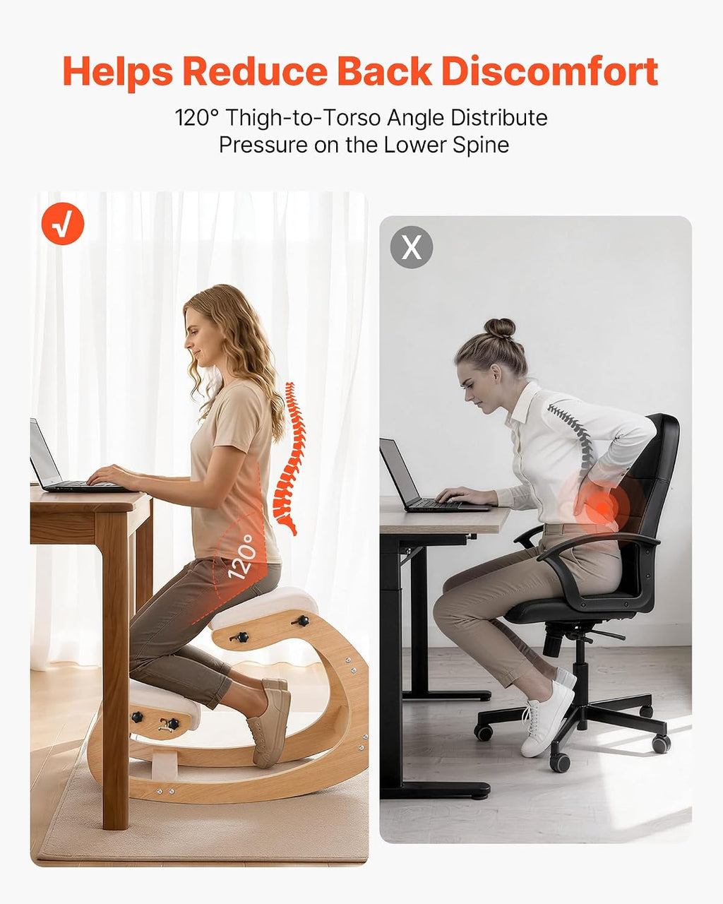 VEVOR Ergonomic Kneeling Chair, Wooden Posture Knee Chair with Adjustable Thick Foam Cushions & Solid Wood Frame, Adjustable Height, Relief for Neck or Back Pain for Home, Office or Meditation, Beige