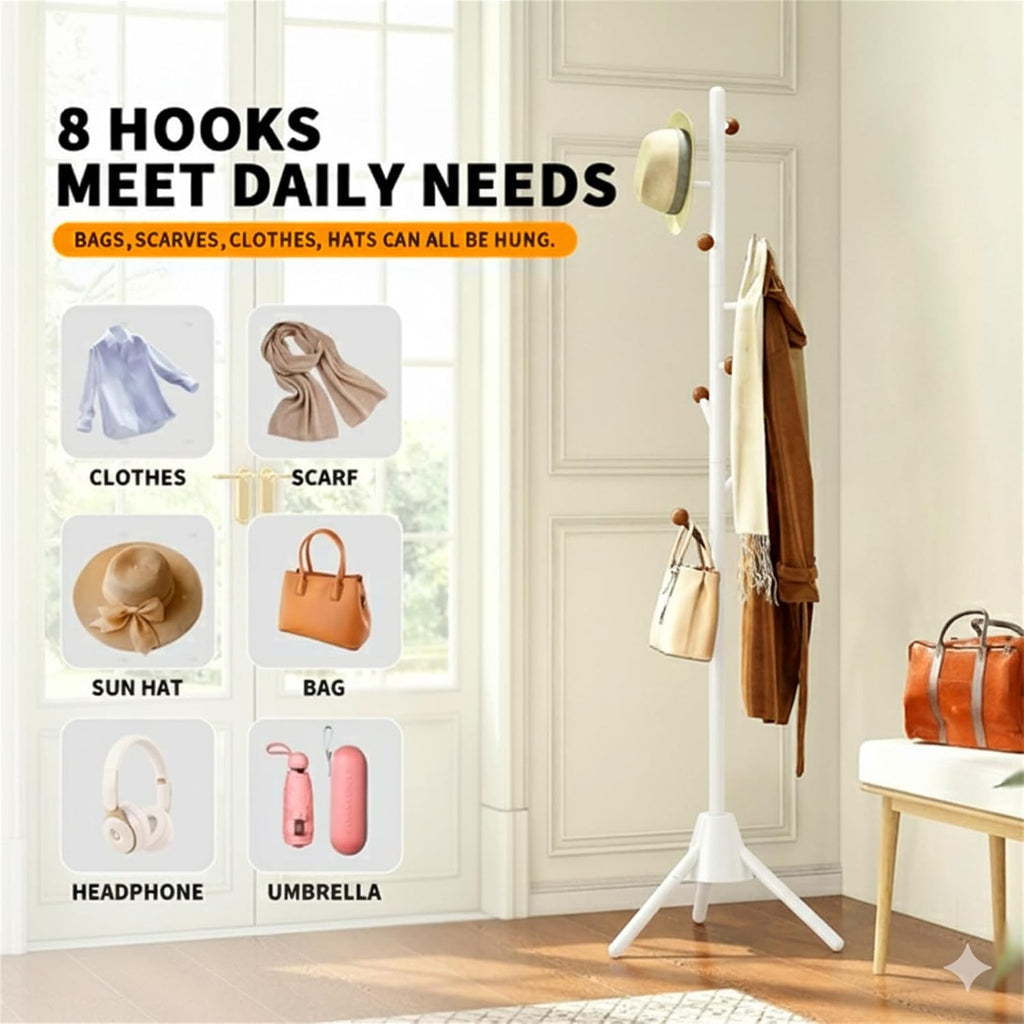 Heavy Duty Coat Rack, 8-Hook Freestanding Metal Clothes Tree Stand for Entryway, Hallway, Bedroom - Sturdy Triangle Base, Non-Tipping, Space Saving, White
