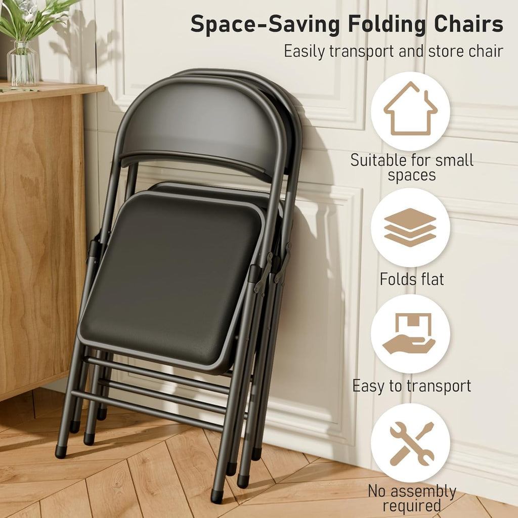 10 Pack Folding Chairs with Padded Seats, Metal Frame with Pu Leather Seat & Back, Capacity 350 lbs, Black
