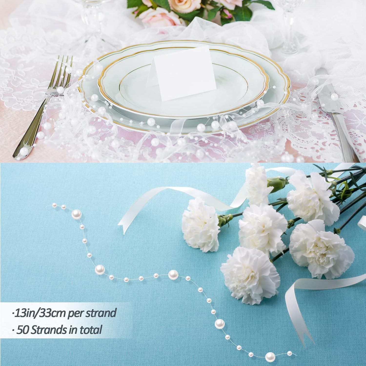 50Pcs Pearl Strings for Floating Candles, Floating-Effect Faux Pearls for Vase Filler, Centerpiece Table Decorations for Wedding, Party, Event (White)