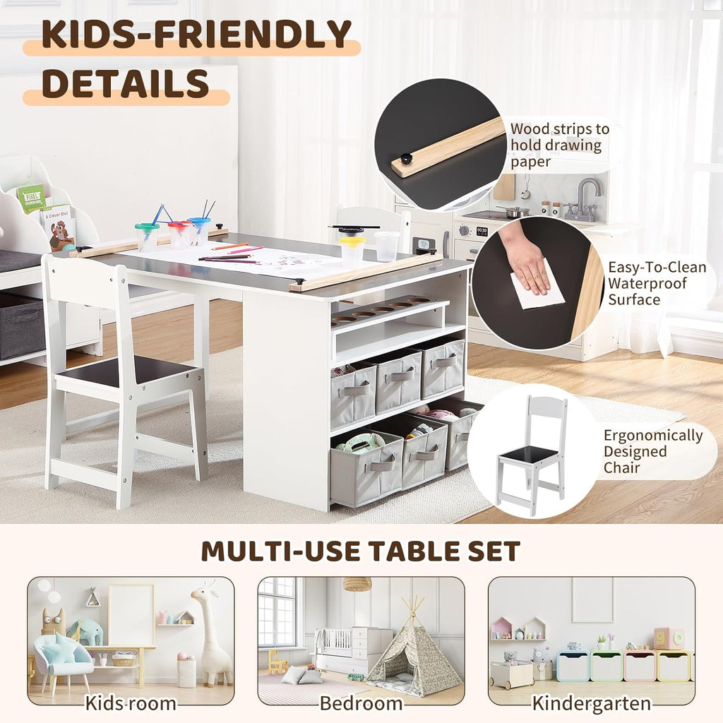 IDEALHOUSE 4-in-1 Kids Art & Study Table Chair Set, Multifunctional Toddler Wooden Activity Desk with Storage Bins, Paper Roll & Organizer for Crafts, Drawing, Learning and Play
