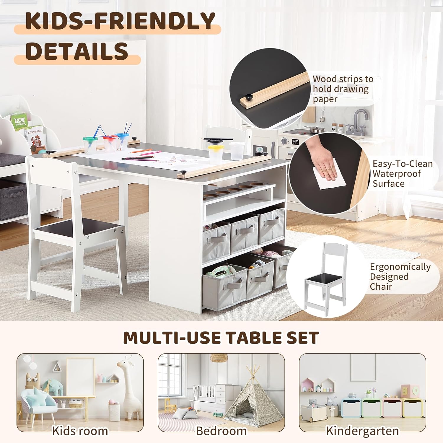 IDEALHOUSE 4-in-1 Kids Art & Study Table Chair Set, Multifunctional Toddler Wooden Activity Desk with Storage Bins, Paper Roll & Organizer for Crafts, Drawing, Learning and Play