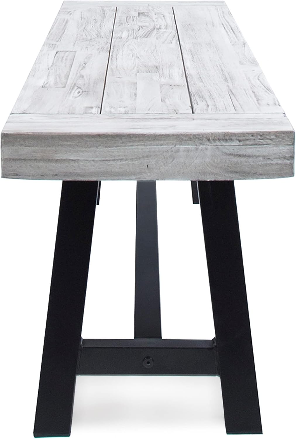Light Grey Sandblast Finish Acacia Wood Dining Bench with Black Rustic Metal Finish Frame