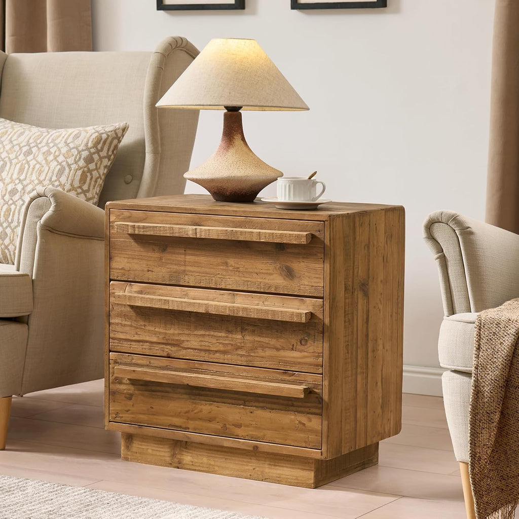 HOKYHOKY Set of 2 Reclaimed Solid Wood Nightstand-24 Inches Large End Table with 3 Drawers, Pre-Assembled Farmhouse Bedside Tables for Living Room, Bedroom