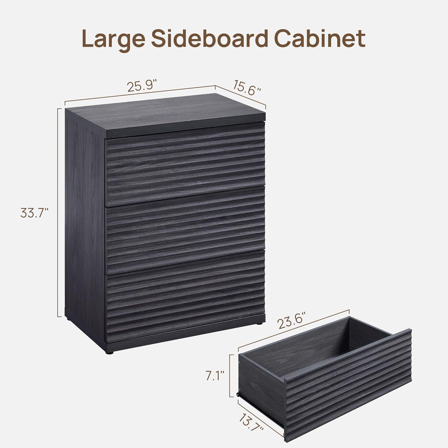 SICOTAS Fluted Buffet Cabinet with Storage, 3-Drawer Sideboard Cabinet, Modern Mid-Century Coffee Bar Cabinet for Living Room, Entryway, Kitchen