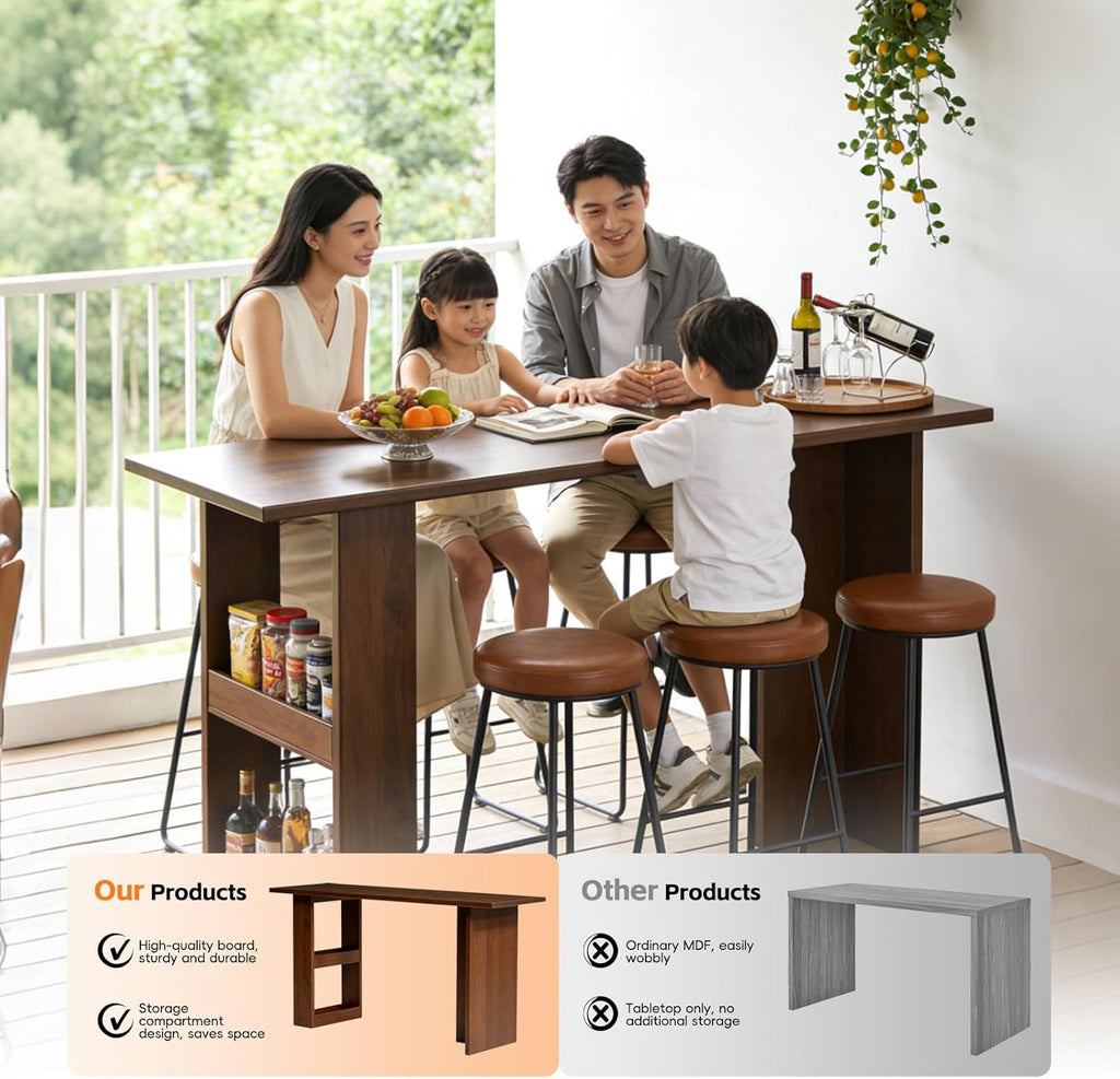Solid Wood Bar Table with Storage Shelf, 1" Thick Counter Height Pub Table, T-Shaped Stable Legs, Narrow Long Bar Table for Kitchen, Dining, Living Room etc.