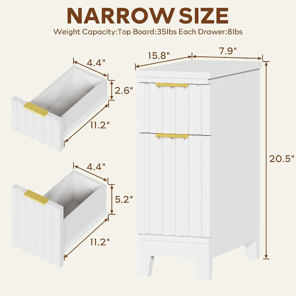 LAZZO End Tables Living Room Set of 2 Narrow End Table 7.9" Nightstands Set of 2 Modern Fluted Front Bedside Tables with 2 Drawers and Charging Station for Living Room, Bedroom, Small Space White