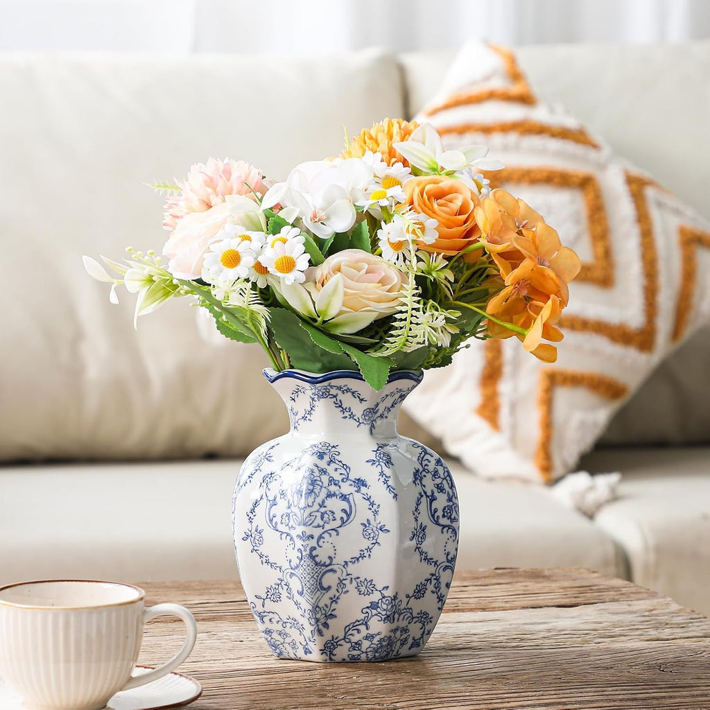 Blue and White Vase, Chinoiserie Ceramic Vase for Centerpiece, 5.91" Vintage Flower Vase for Living Room, Office,Home Decor,French Country Decor
