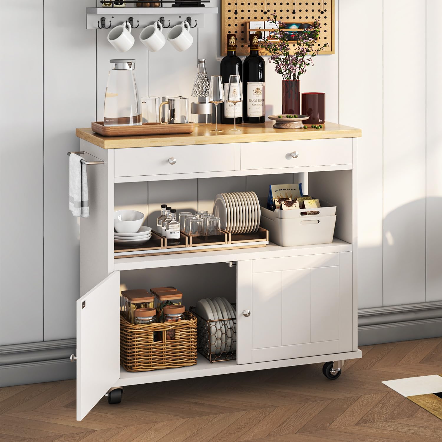 knoworld Rolling Kitchen Island with Storage Cabinet, 35.4'' Width Kitchen Cart, 2 Drawers Island Table, Portable Mobile Kitchen Island with Towel Rack, Wood Top and Lockable Wheels, White
