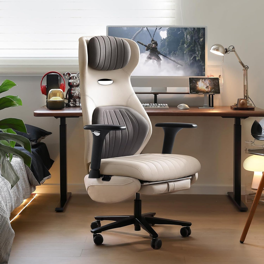 EMIAH Ergonomic Office Chair with Foot Rest Reclining Office Chair with Adjustable Arms and Headrest High Back Gaming Chair with Lumbar Support, PU Leather(Beige)