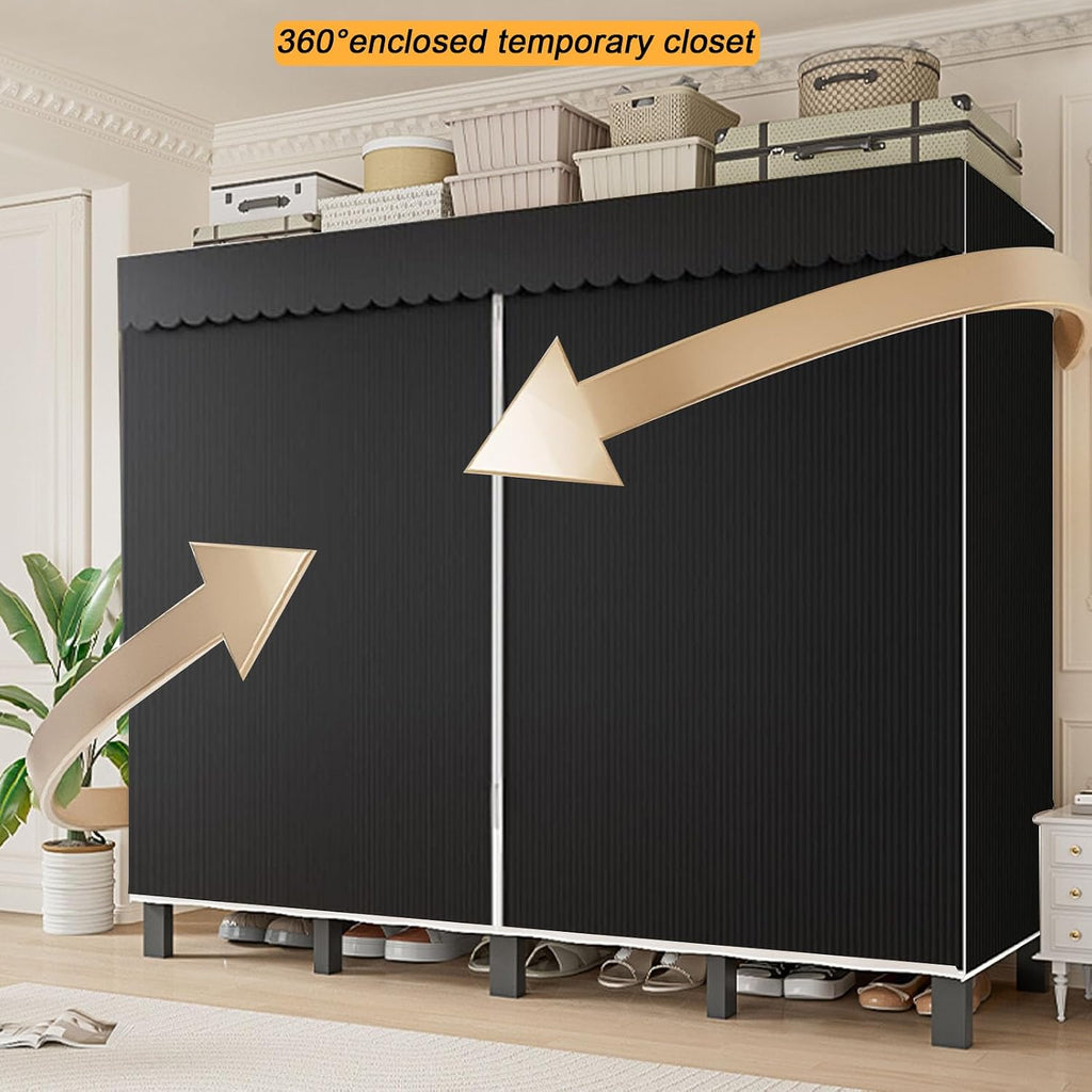Foldable Portable Closet Wardrobe on Wheel Heavy Duty Metal Clothing Rack with Cover Freestanding Armoire Storage System Rolling Garment Racks for Hanging Clothes (C,Grey Cover, 66.1in/168cm)