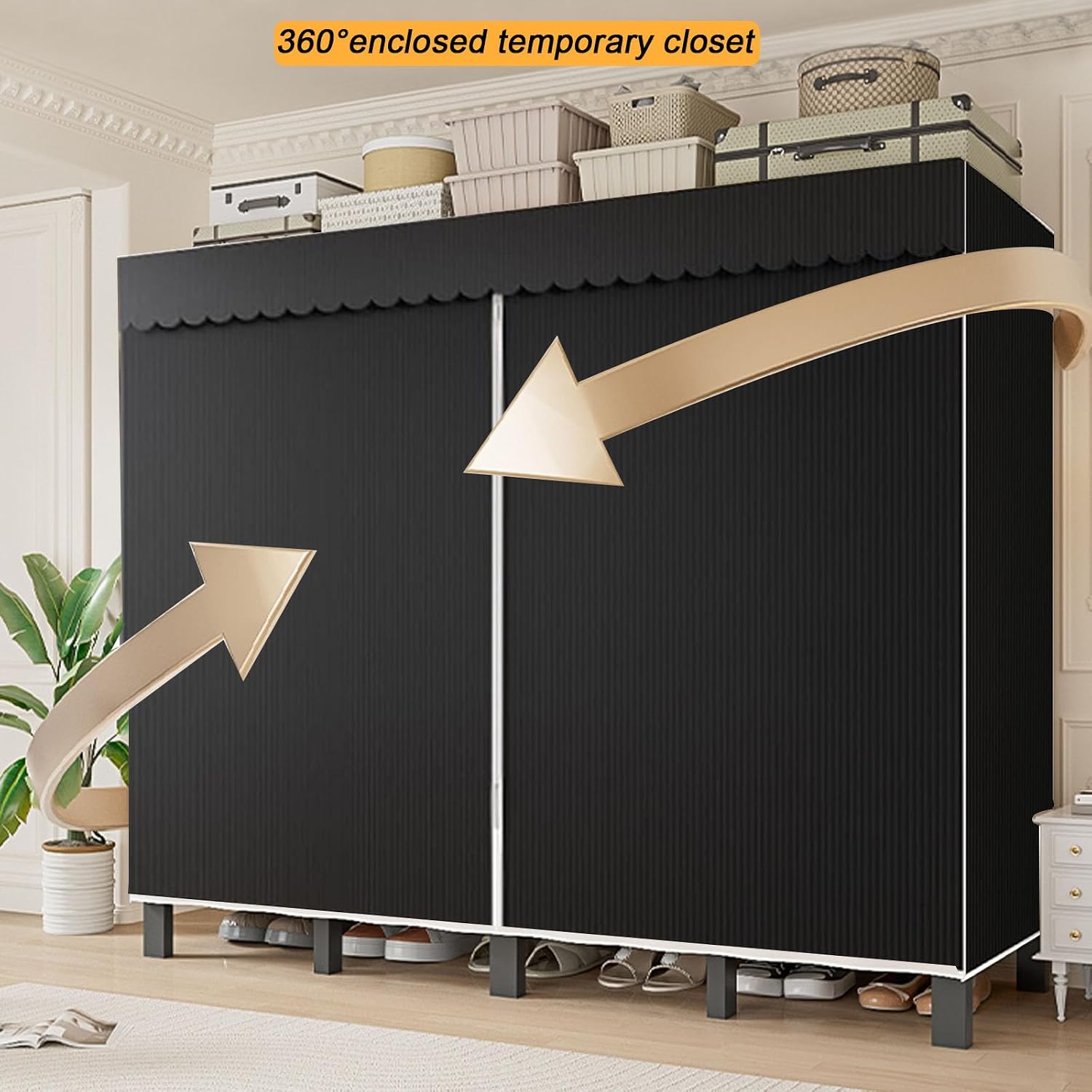 Foldable Portable Closet Wardrobe on Wheel Heavy Duty Metal Clothing Rack with Cover Freestanding Armoire Storage System Rolling Garment Racks for Hanging Clothes (C,Grey Cover, 66.1in/168cm)