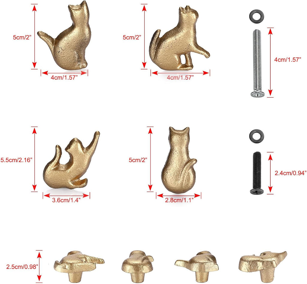 JUXYES Set of 4 Vintage Cat Drawer Handle Pull Knobs - Antique Cast Iron Drawer Knob - Retro Decorative Cabinet Handle Knobs for Dresser Cupboard Cabinet, Gold