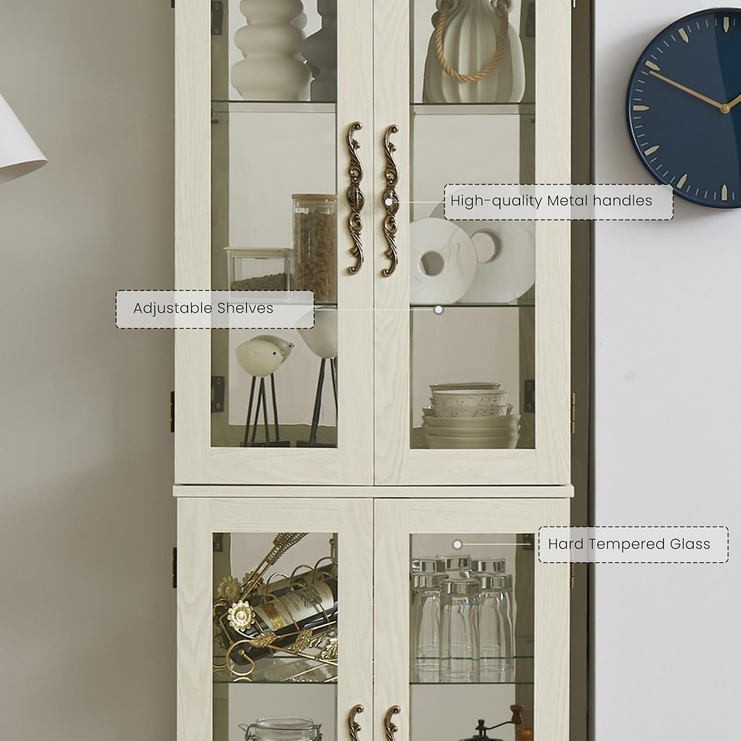 Lighted Curio Cabinet 71" Vintage Glass Display Case with Adjustable Shelves, 4 Tempered Glass Doors, Bulb Included, Wooden Wine Bar China Cabinet for Living Room Liquor Storage (Antique White)