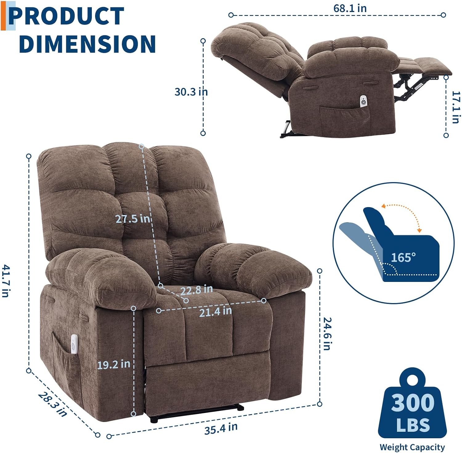 Rocking Recliner Chair with Massage & Heat, Overstuffed Fabric Upholstery, Remote Control, Side Pockets, for Living Room, Bedroom, Nursery, Home Theater, Coffee