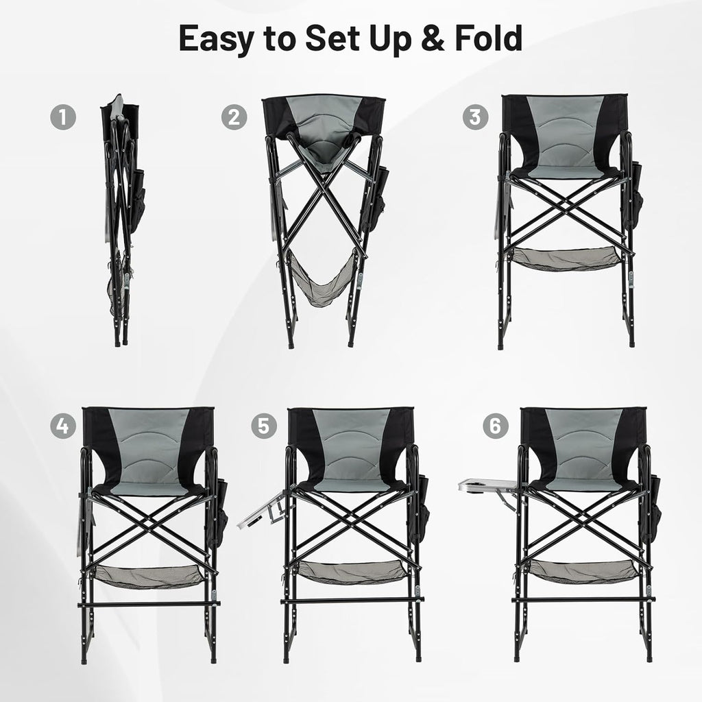 COSTWAY 46" Tall Directors Chair, Folding Makeup Artist Chair with Foldable Side Table & Footrest, Extra Cup Holder, Bottom Mesh Bag & Storage Pocket, Camping Chair for Lawn & Yard, Black+Gray