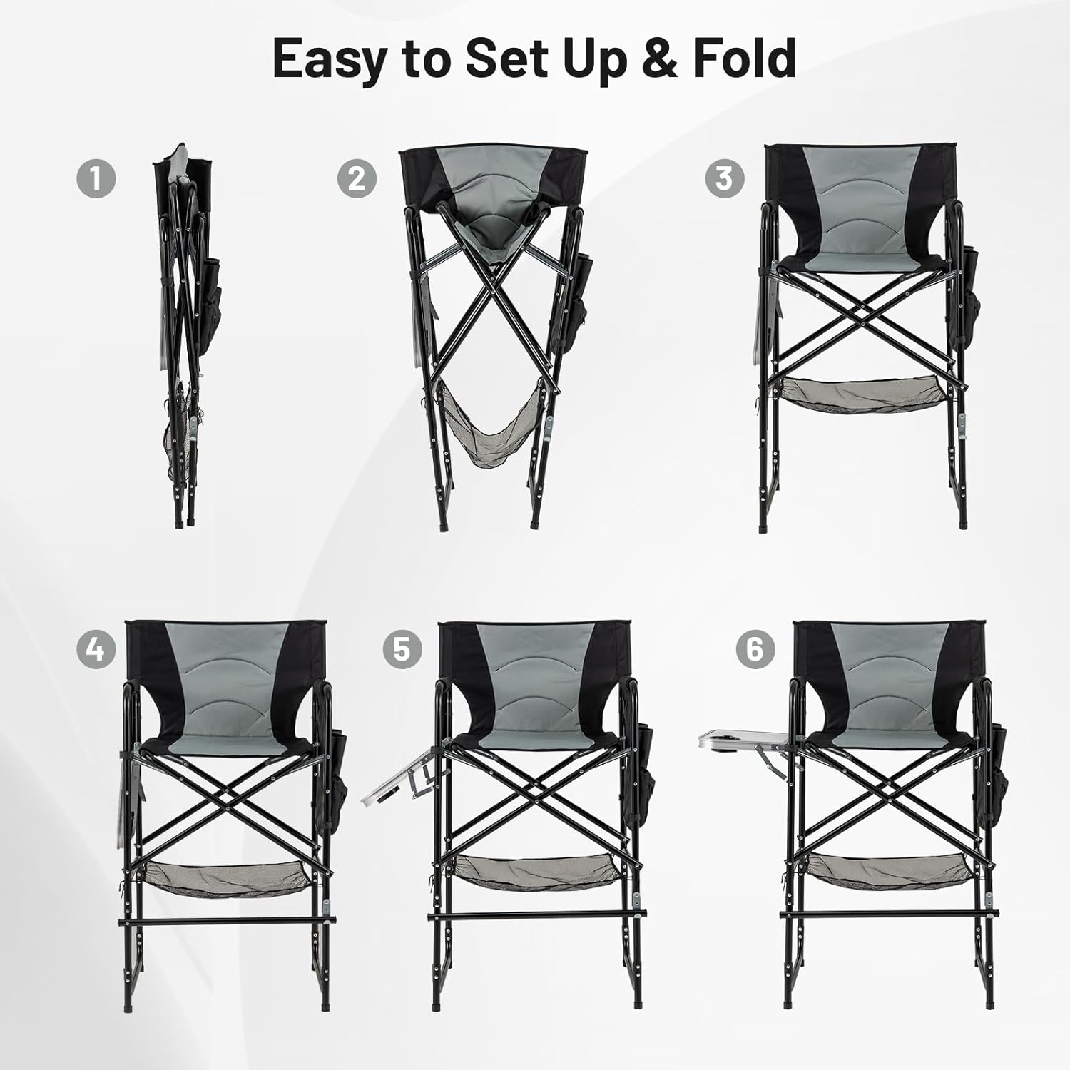 COSTWAY 46" Tall Directors Chair, Folding Makeup Artist Chair with Foldable Side Table & Footrest, Extra Cup Holder, Bottom Mesh Bag & Storage Pocket, Camping Chair for Lawn & Yard, Black+Gray