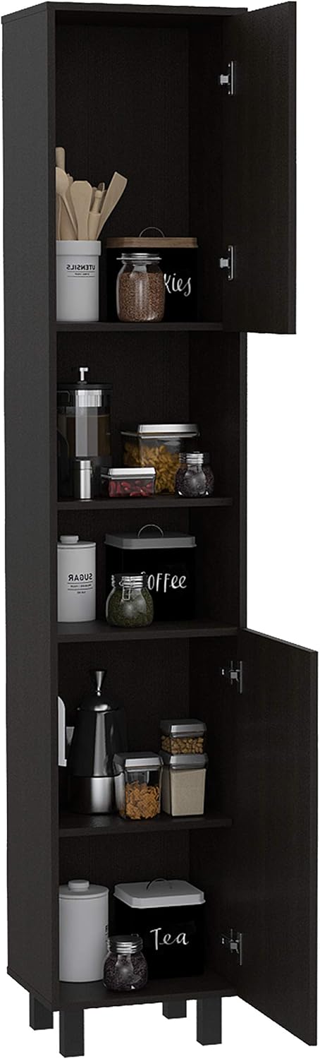 Pantry, Four Legs, Three Interior Shelves, Two Shelves, Two Cabinets -Black