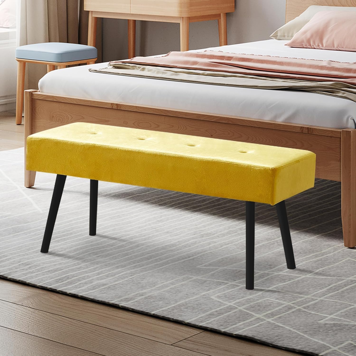 Upholstered Bench for Bedroom End of Bed, 40-inch Entryway Bench for Living Room, Dining Bench with Padded Seat and Metal Legs for Kitchen Bedroom,Indoor and Hallway (Yellow Velvet Bench)
