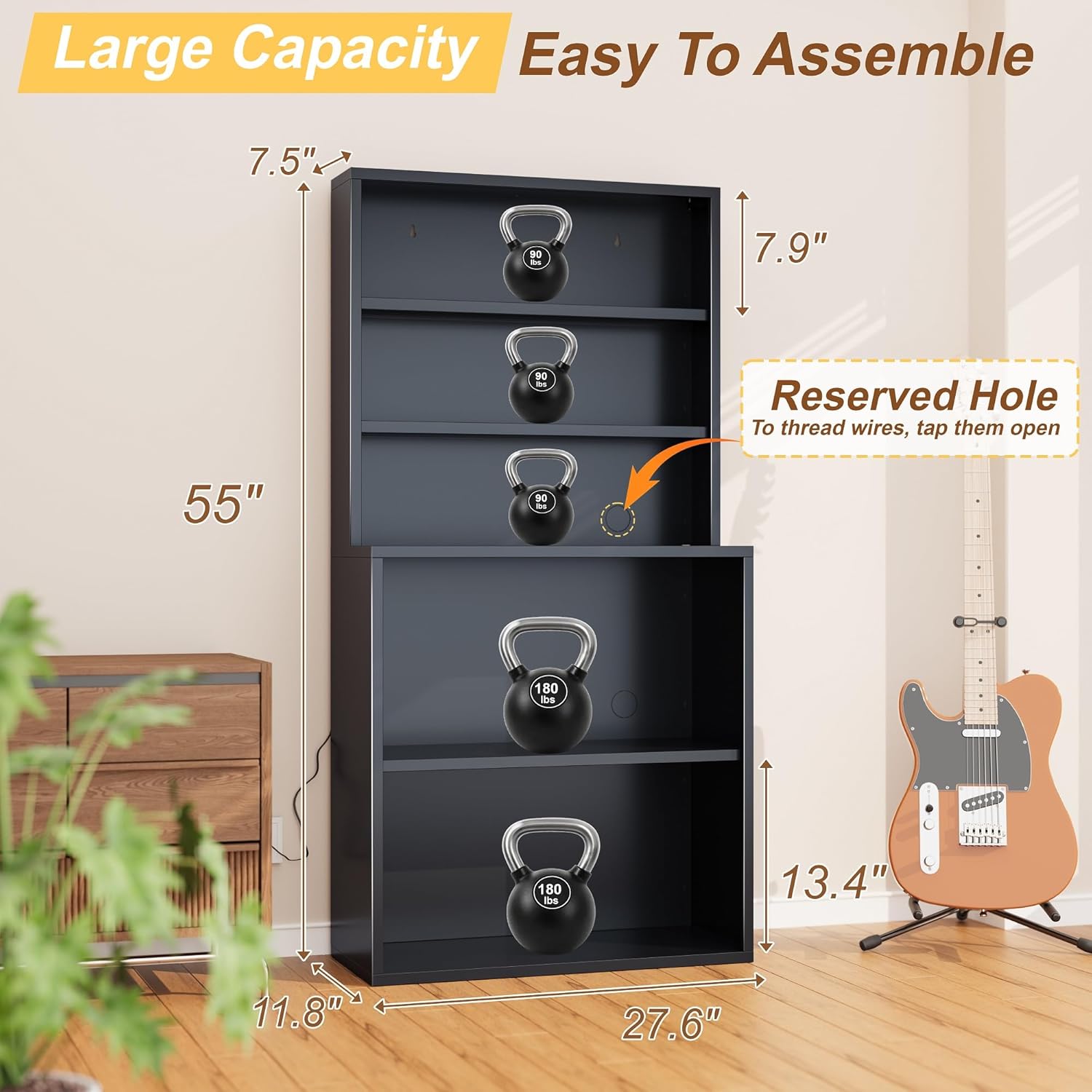 5-Tier Metal Record Player Stand, 55" Tall Vinyl Record & CD/DVD Rack, Black Media Cabinet CD Storage Cabinet for Living Room, Music Room or Studio - Easy Assembly