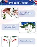 BLOSMON 4th of July Flowers for Porch: 12 Pcs Red White and Blue Fake Flower with Flag for Outdoors Planters - Patriotic Artificial Floral Plants America 250 Anniversary Outside Window Box Decoration