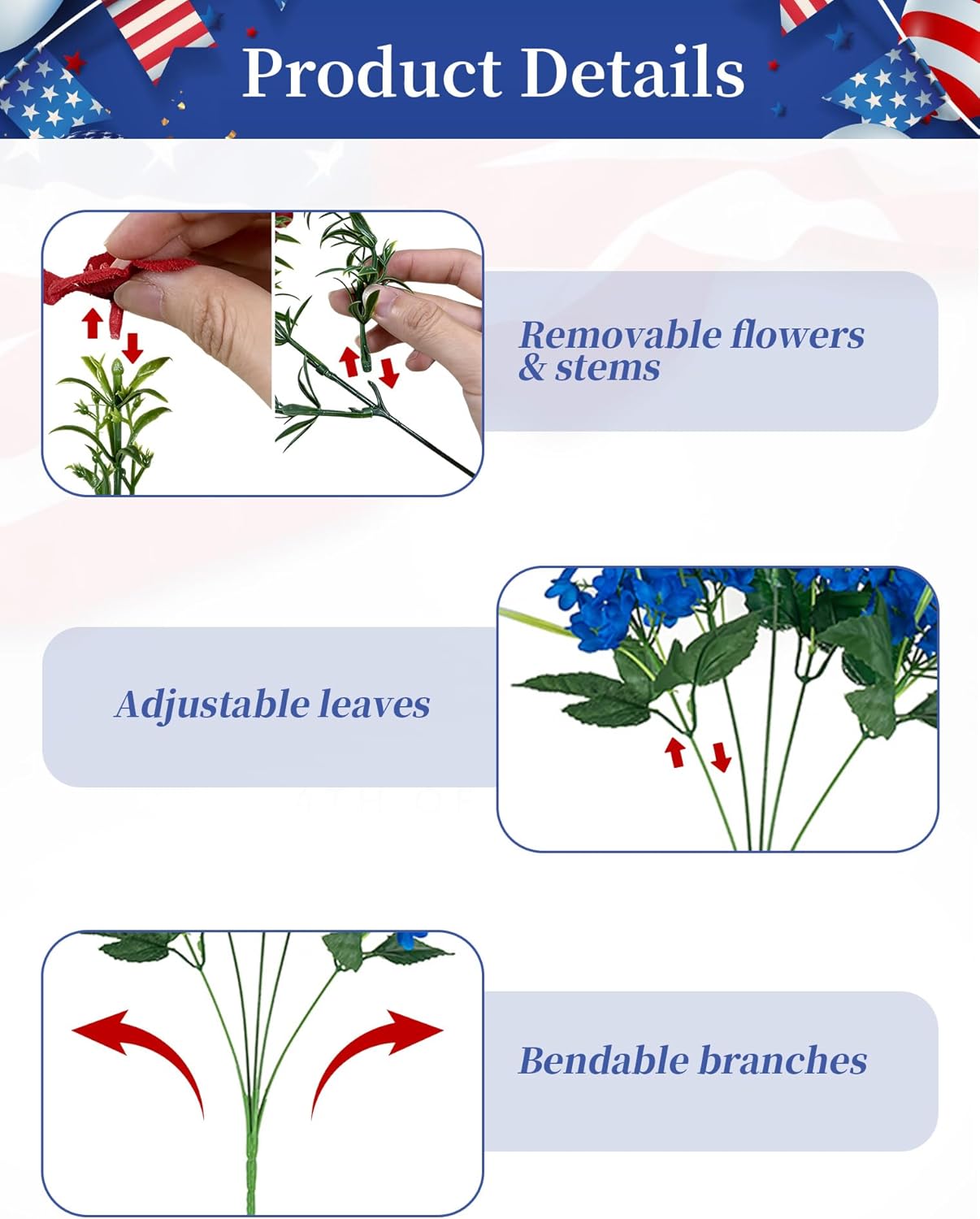 BLOSMON 4th of July Flowers for Porch: 12 Pcs Red White and Blue Fake Flower with Flag for Outdoors Planters - Patriotic Artificial Floral Plants America 250 Anniversary Outside Window Box Decoration