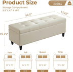 50.5 Inch Storage Ottoman Bench, Faux Leather Tufted Upholstered Bedroom Bench with Safety Hinges, Supports 300 lbs, Large Storage Bench for Living Room, Entryway (Cream)