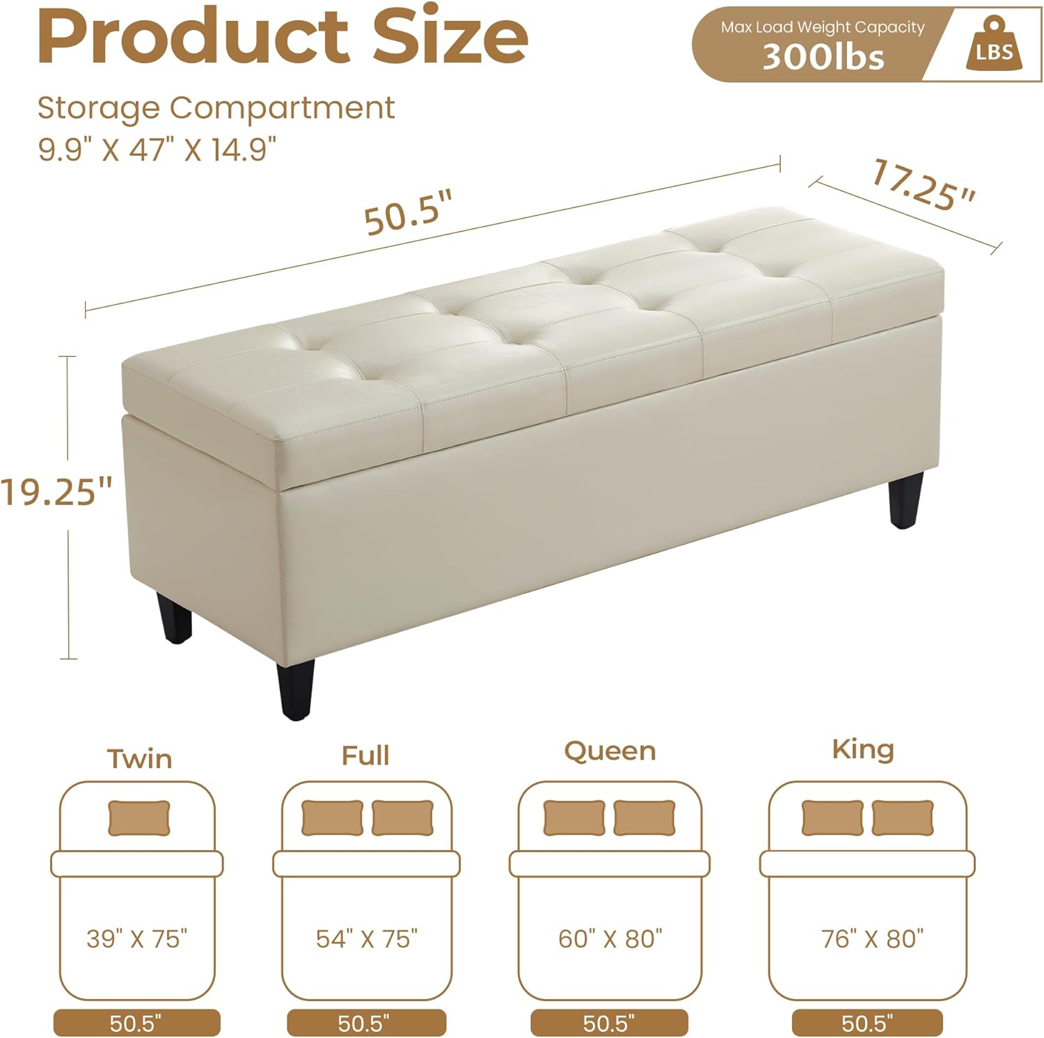 50.5 Inch Storage Ottoman Bench, Faux Leather Tufted Upholstered Bedroom Bench with Safety Hinges, Supports 300 lbs, Large Storage Bench for Living Room, Entryway (Cream)