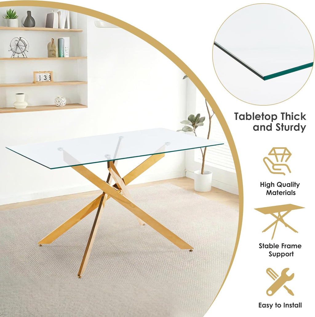 5-Piece Dining Table Set for 4, Modern Rectangular Glass Table with 4 Upholstered Leather Chairs, Space-Saving Dining Room Furniture Table & Chair Sets for Small Spaces & Apartment(White&Gold)