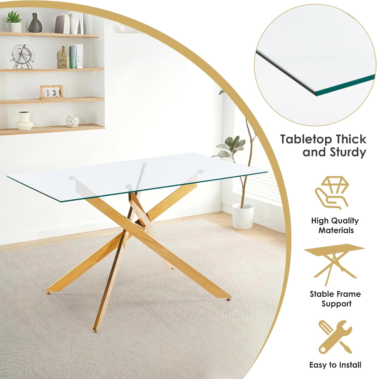 5-Piece Dining Table Set for 4, Modern Rectangular Glass Table with 4 Upholstered Leather Chairs, Space-Saving Dining Room Furniture Table & Chair Sets for Small Spaces & Apartment(Black&Gold)