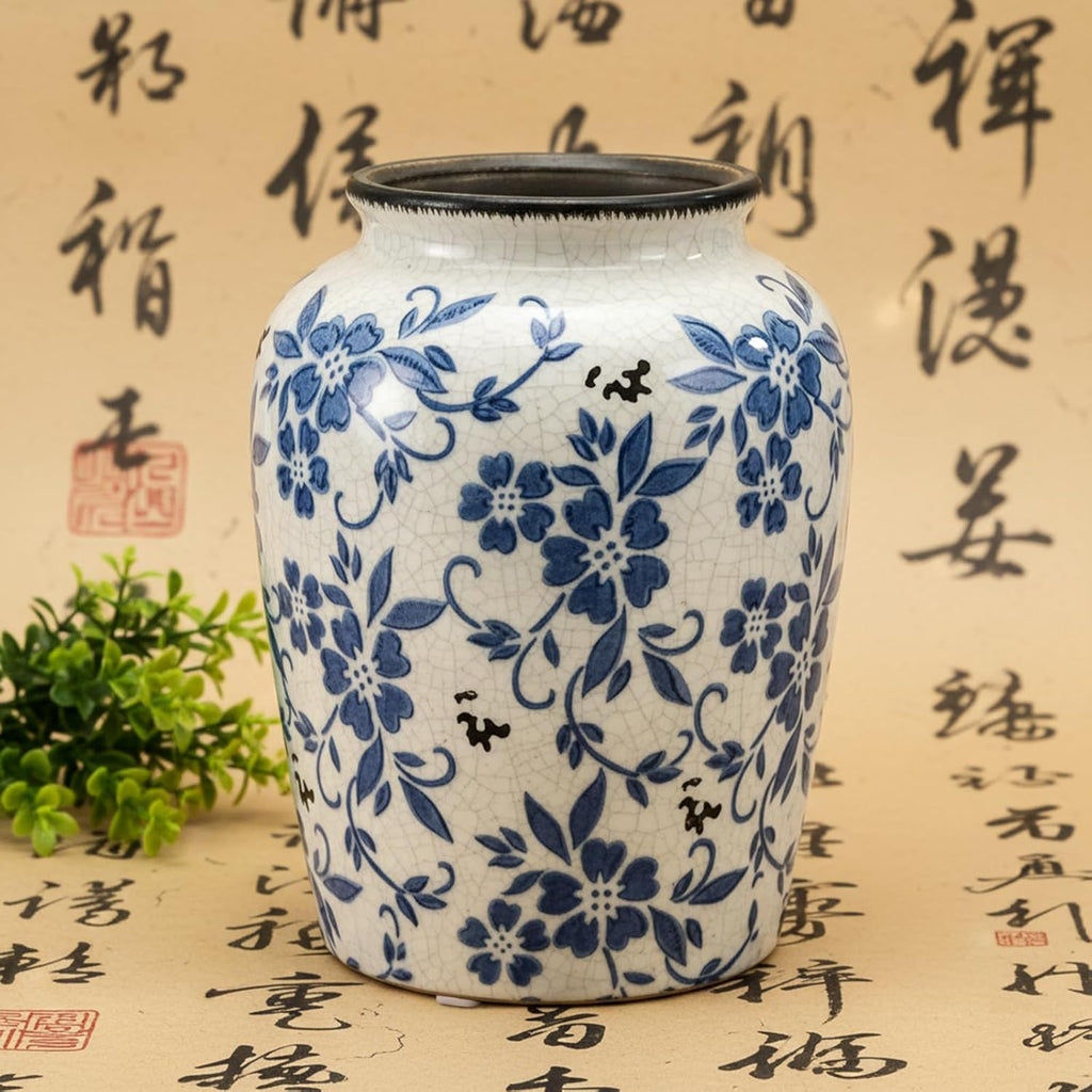Goaste Vintage Blue and White Porcelain Vase, 7.7 Inch Chinoiserie Ceramic Flower Vase, Decorative Ice Crackle Pottery Vases, Handmade Oriental Floral Terracotta for Home Decor, Table Centerpiece