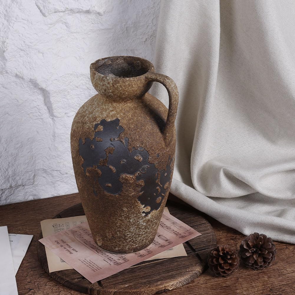 Wabi Sabi Rusty Vintage Vase, 11" Tall Wabi Sabi Decor Rustic Farmhouse Pottery Vase for Centerpiece, Textured Pottery Flower Vases for Home Decorative, Table, Living Room, Bedroom, Bathroom, Kitchen