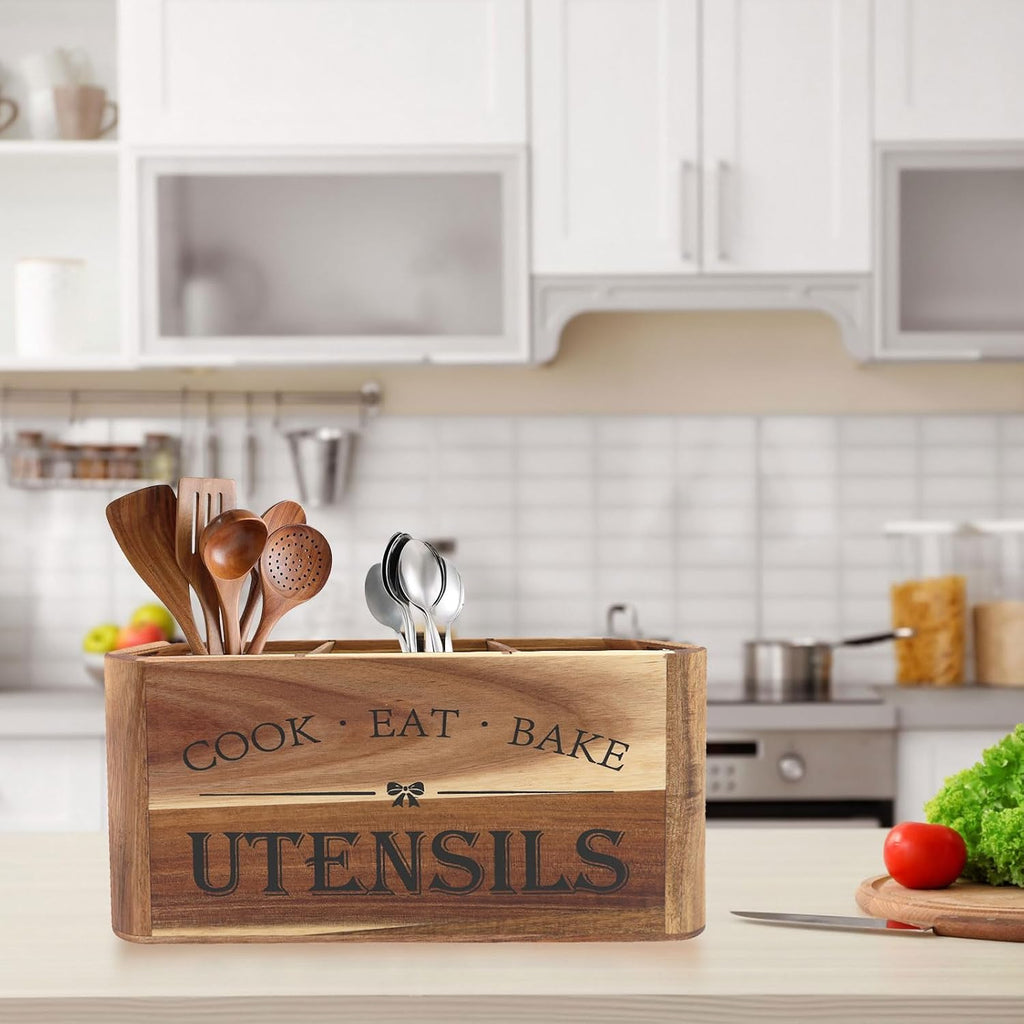 Utensil Holder for Kitchen Countertop - Extra Large 3 Compartment Wooden Organizer in Acacia Wood, Storage for Cooking Tools and Cutlery, Farmhouse Style for Home Cooking