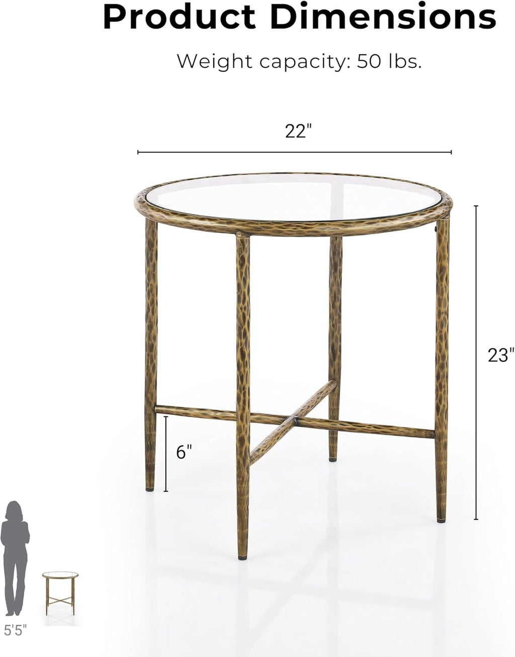 24/7 Shop at Home Lalia Modern Metal 22-inch Round End Tables Set of 2 with Tempered Glass Top, Forged Steel Base for Living Room, Matte Gold