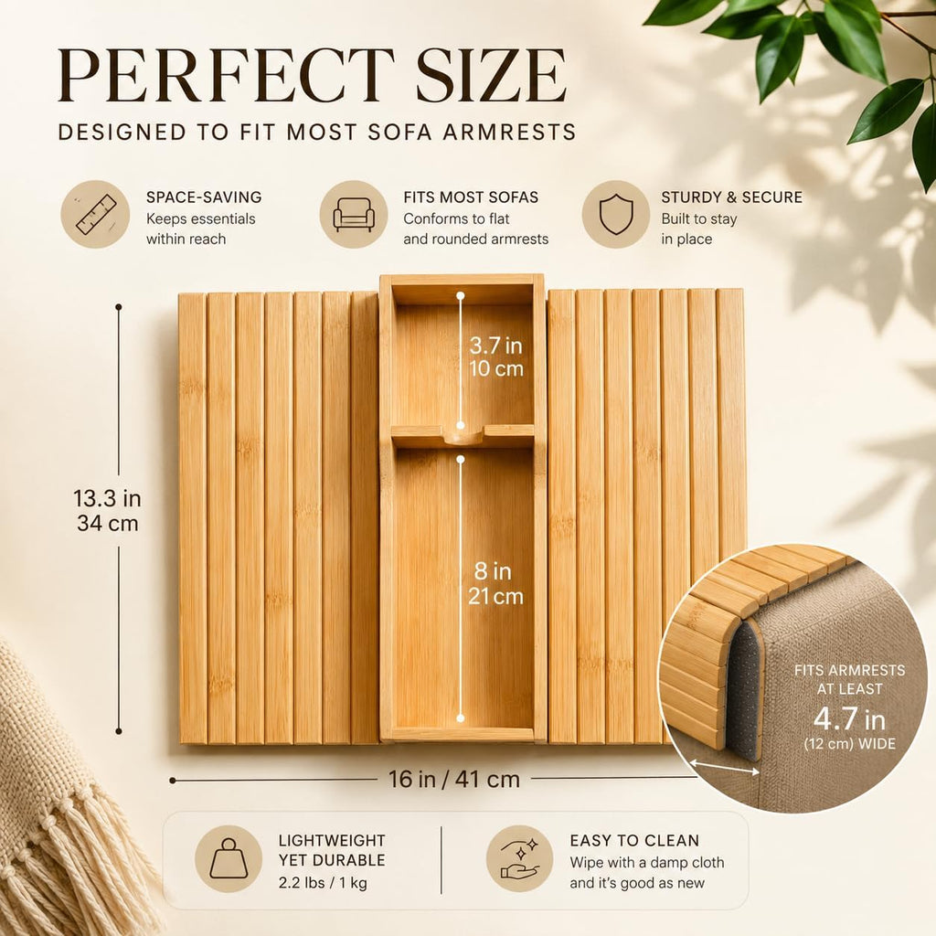 Bamboo Sofa Armrest Tray - Foldable Couch Arm Tray with Cup Holder - 2 in 1 Anti-Slip Sofa Armchair Caddy Table for Drinks, Phone, TV Remote, Snacks
