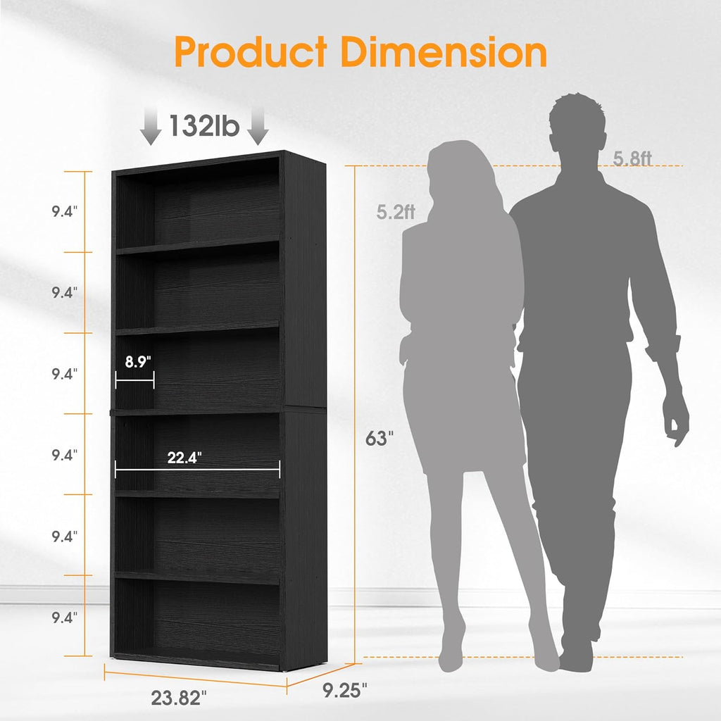 Sweetcrispy 6-Tier Bookcase, 63 Inch Tall Open Bookshelf, Freestanding Wood Book Case, Storage Shelves for Bedroom, Modern Display Bookshelf for Home Office Living Room，Black