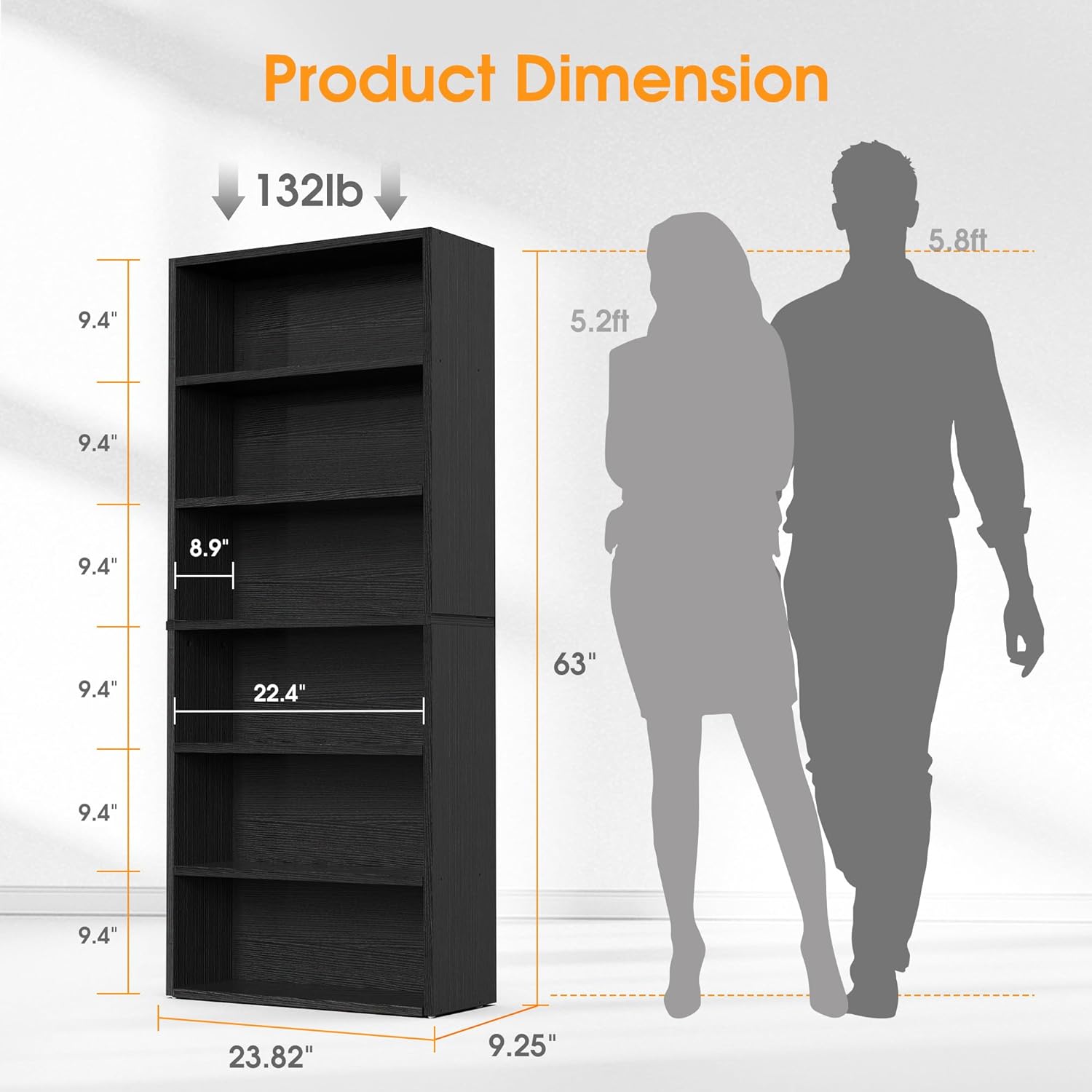 Sweetcrispy 6-Tier Bookcase, 63 Inch Tall Open Bookshelf, Freestanding Wood Book Case, Storage Shelves for Bedroom, Modern Display Bookshelf for Home Office Living Room，Black