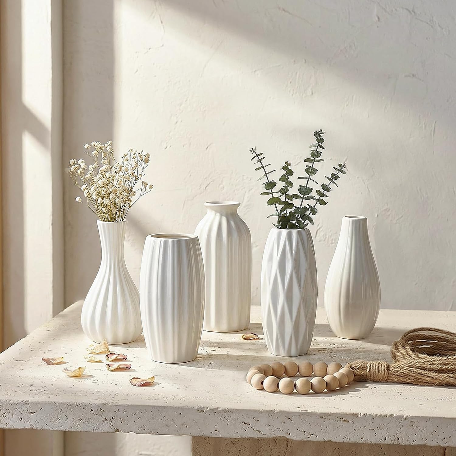 BEAHOT Ceramic Bud Vase Set of 12 - Glossy White Bud Vases: Unique Glazed Mini White Centerpiece for Flowers, Weddings, DIY Floral Decor - Boho & Modern Home Table Styling, Gift Ready