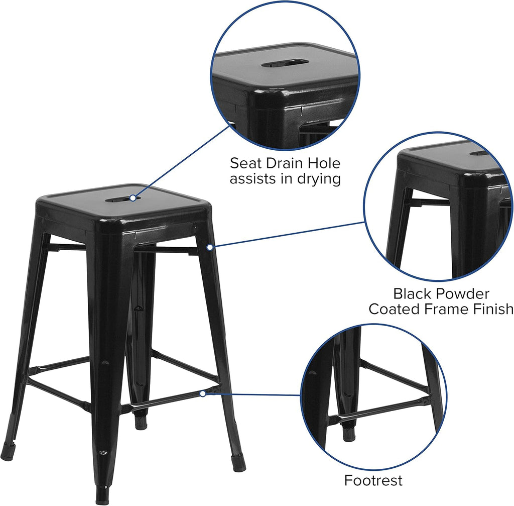 Flash Furniture Kai Commercial Grade 24" High Backless Black Metal Indoor-Outdoor Counter Height Stool with Square Seat