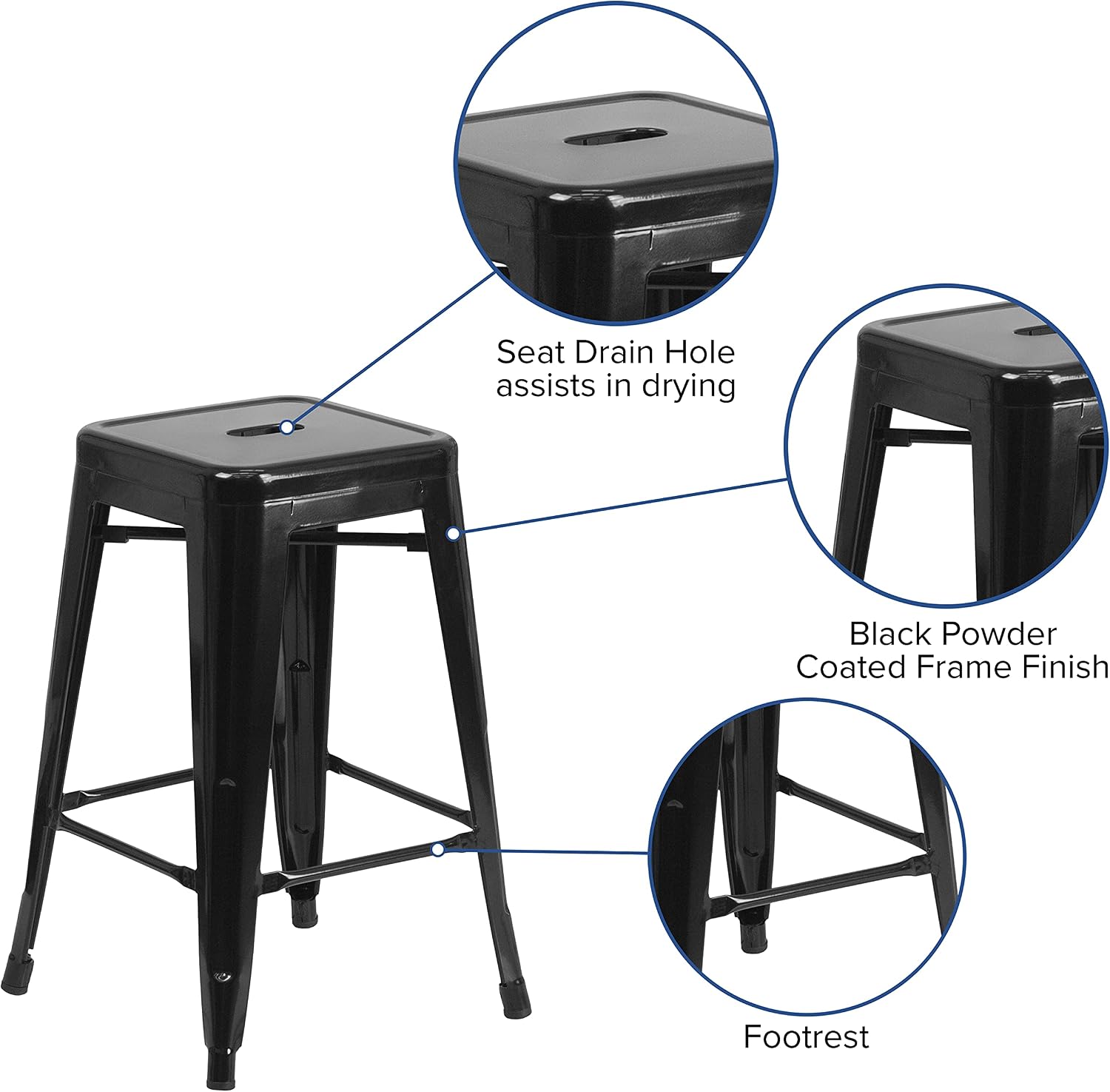 Flash Furniture Kai Commercial Grade 24" High Backless Black Metal Indoor-Outdoor Counter Height Stool with Square Seat