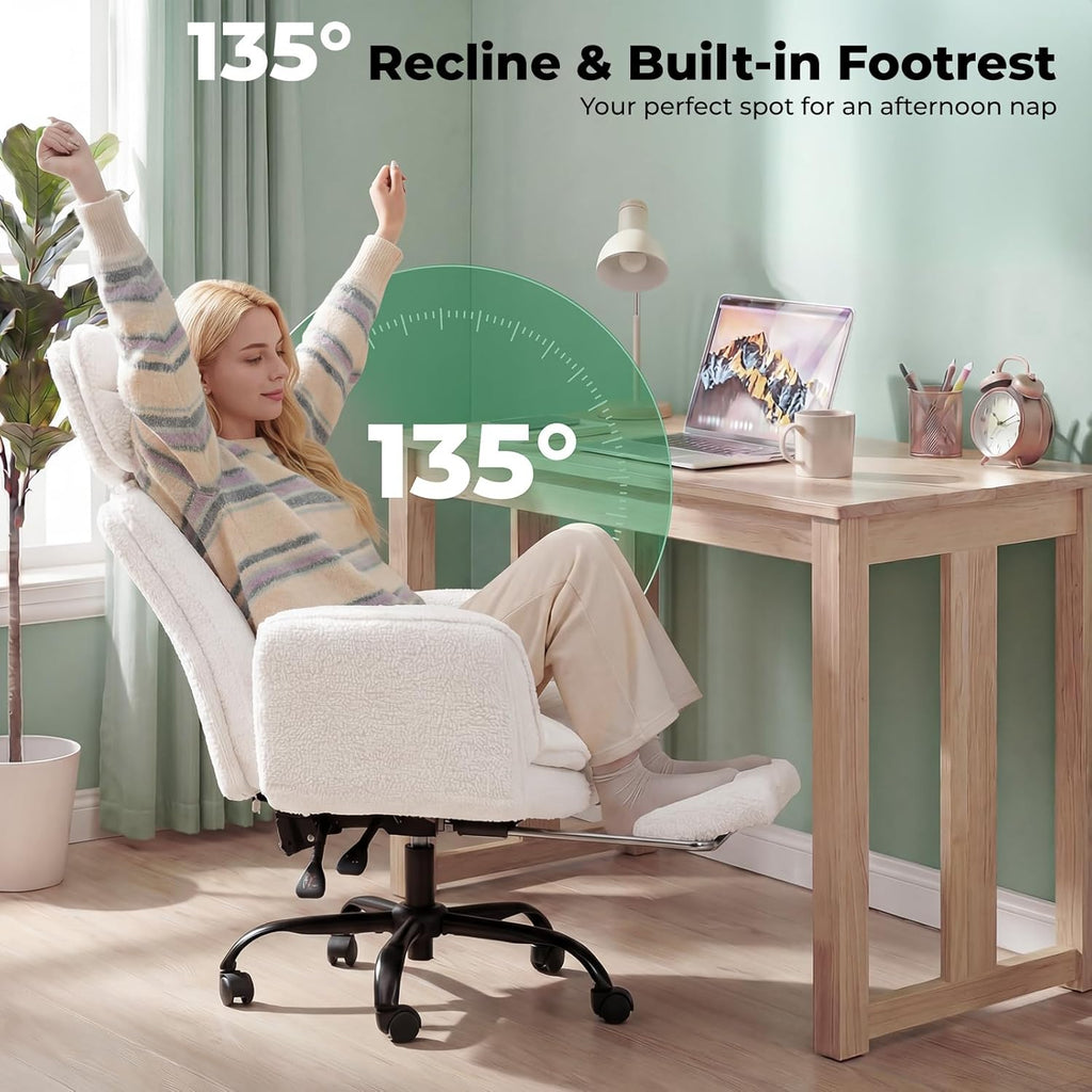 HOMRELEXA Criss Cross Office Chair with Armrests & Wheels, Comfy Velvet Vanity Chair, Ergonomic Executive Gaming Computer Chairs with Foot Rest, Wide Seat Reclining Desk Chair, White