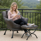 Lazy Chair with Ottoman, Modern Accent Chair Contemporary Sofa Chair with Armrests, Reading Chair and Folding Footstool Set for Living Room, Bedroom, Office, Dark Grey