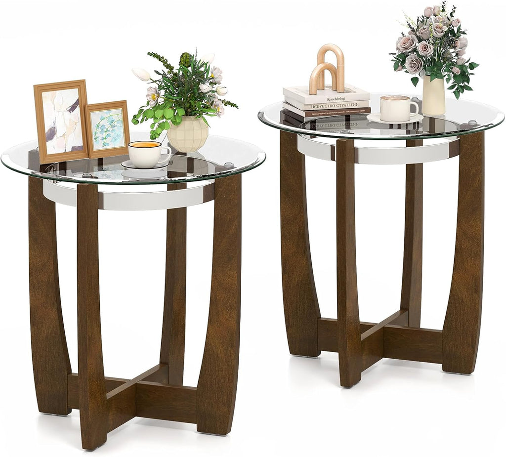 Giantex Round Glass End Table Set of 2, 24’’ Side Table with Tempered Glass Top, Nightstands with Cross & Solid Rubber Wood Base, Compact Bedside Night Stand for Bedroom Office Living Room (2, Walnut)