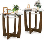 Giantex Round Glass End Table Set of 2, 24’’ Side Table with Tempered Glass Top, Nightstands with Cross & Solid Rubber Wood Base, Compact Bedside Night Stand for Bedroom Office Living Room (2, Walnut)