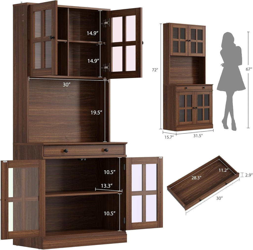 Garvee 72 Inch Kitchen Pantry Cabinet with Glass Doors, Drawer and Adjustable Shelves, Farmhouse Tall Storage Cabinet with Open Countertop, Coffee Bar Cabinet for Coffee Corner, Walnut