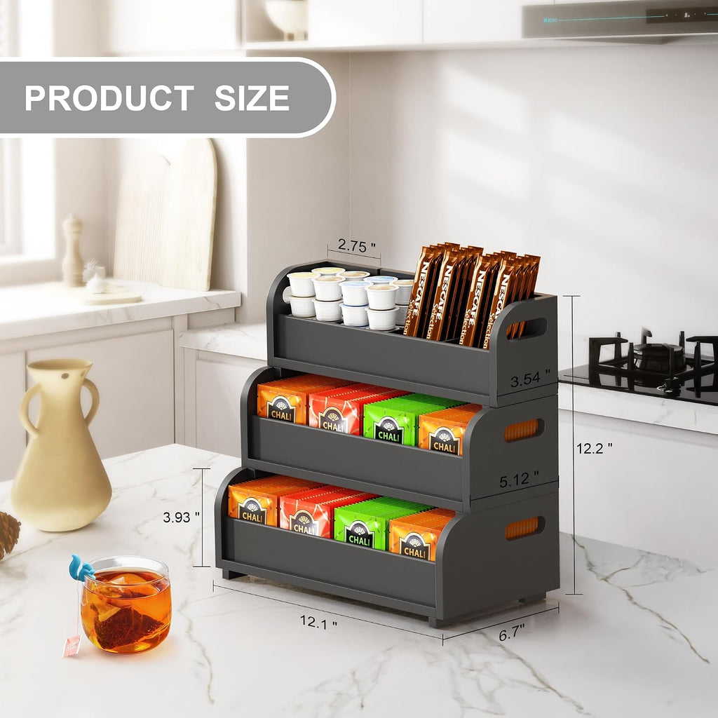 Tea Bag Organizer Storage Holder- Bamboo Countertop Teabag Display Rack 3-Tier Stackable Wall Mount Large Capacity for Pantry Kitchen Office Coffee Station (Black)